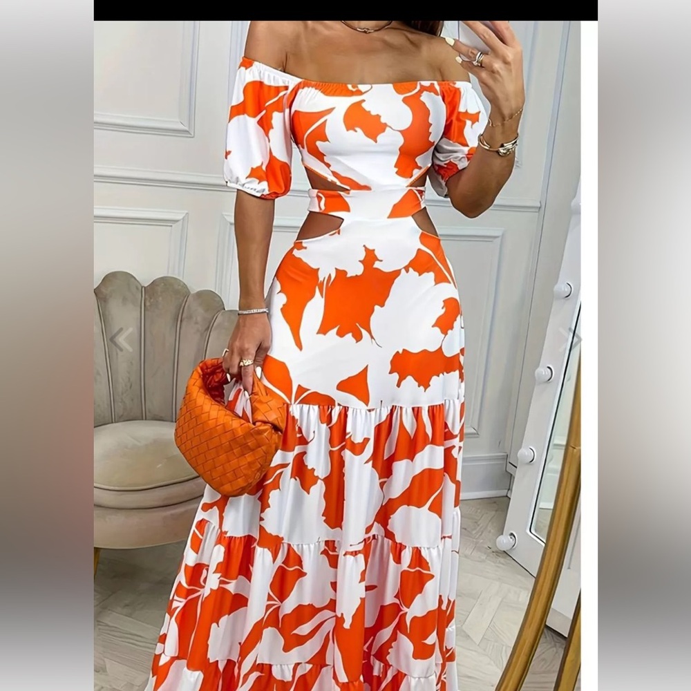 Orange Cut Out Floral Strapless Cold Shoulder Skater Dress. NWT!